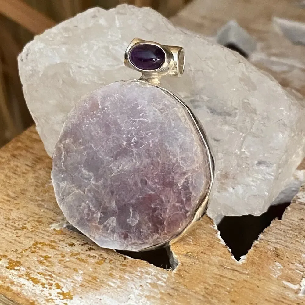 Flashy Lepidolite Mica & Amethyst Sterling Silver Pendant